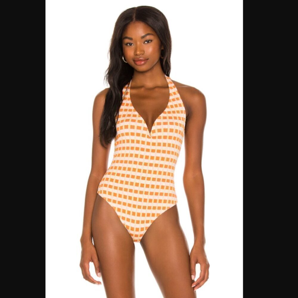 Free People x Revolve Lola Orange Square Check Bodysuit S